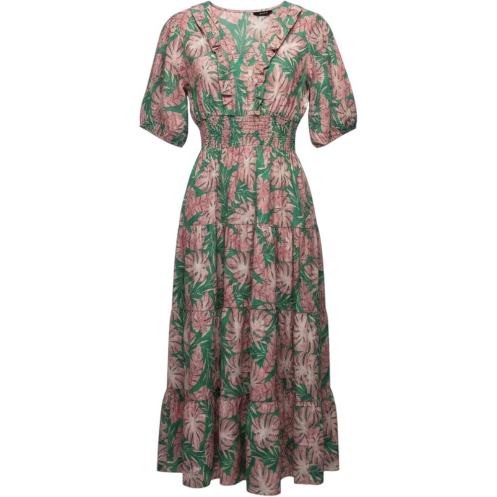 Meadow Rhodes Women Green Pink Tropical Leaf Cotton Smocked Tiered Maxi Dress M